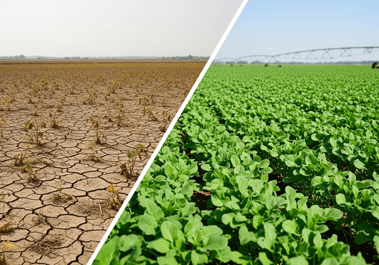 A healthy crop field contrasting with a dry one